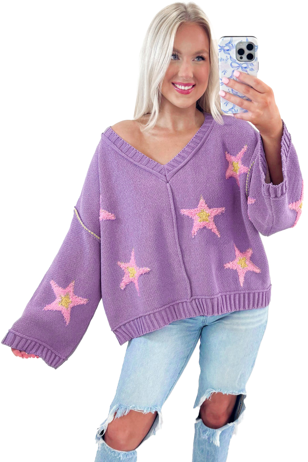 Lavendula Brushed Star Graphic V Neck Drop Shoulder Oversize Sweater view 25