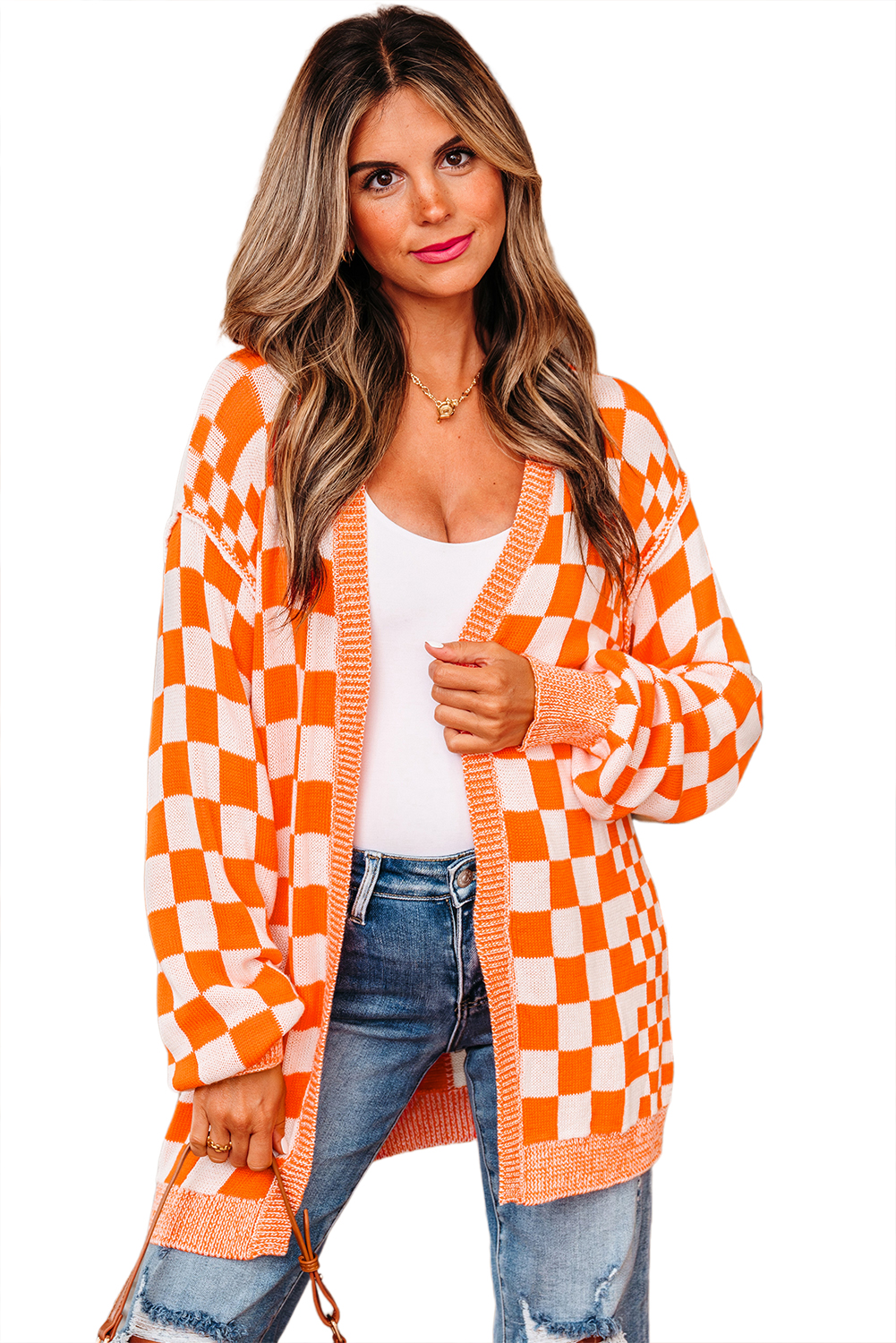 Orange Checkered Open Front Drop Shoulder Cardigan view 19