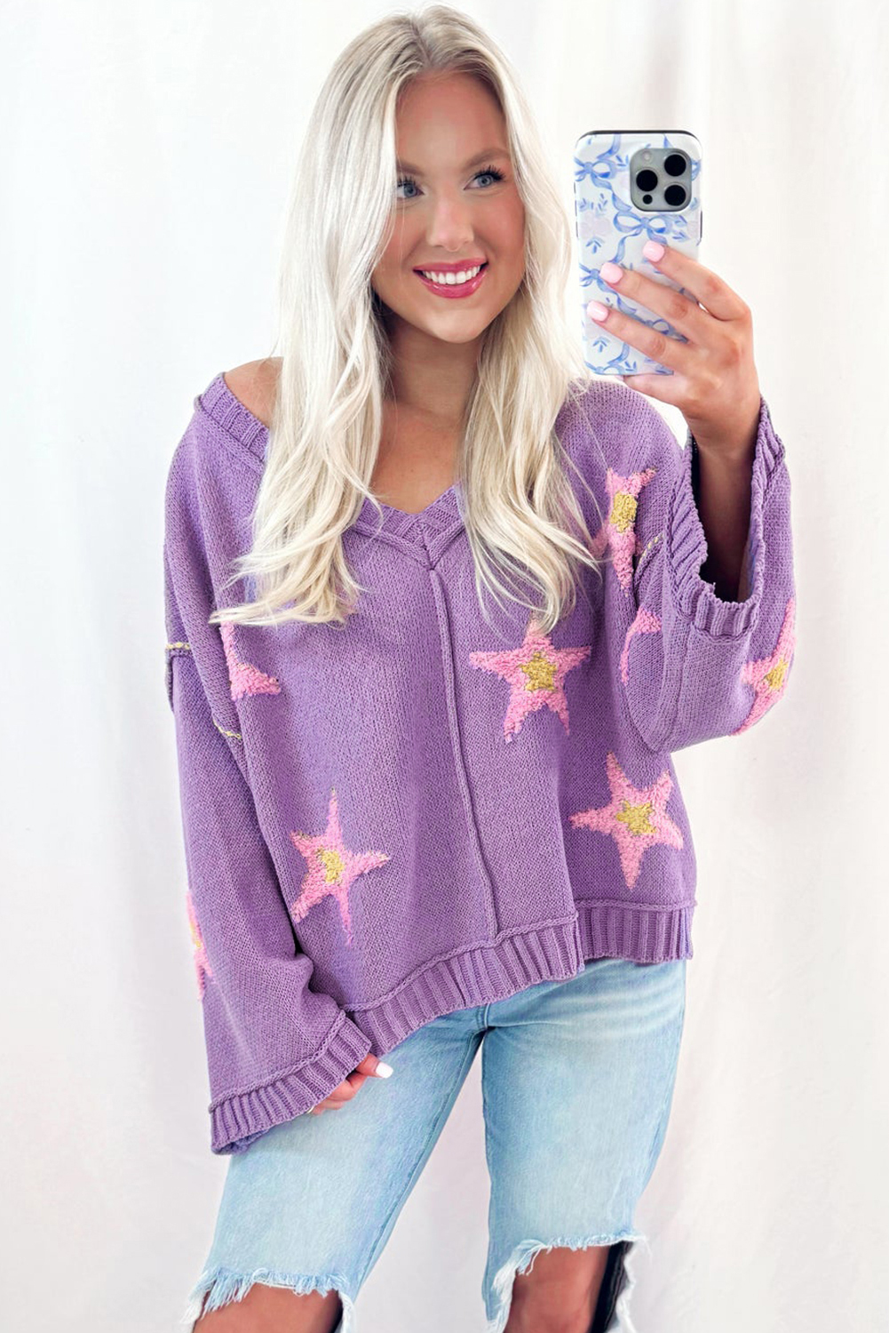 Lavendula Brushed Star Graphic V Neck Drop Shoulder Oversize Sweater view 12