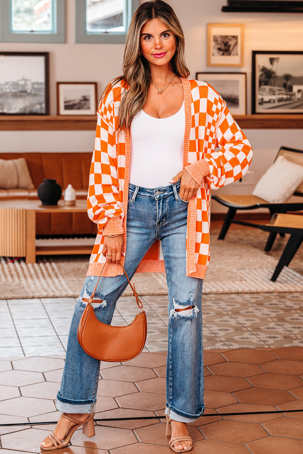 Orange Checkered Open Front Drop Shoulder Cardigan view 5