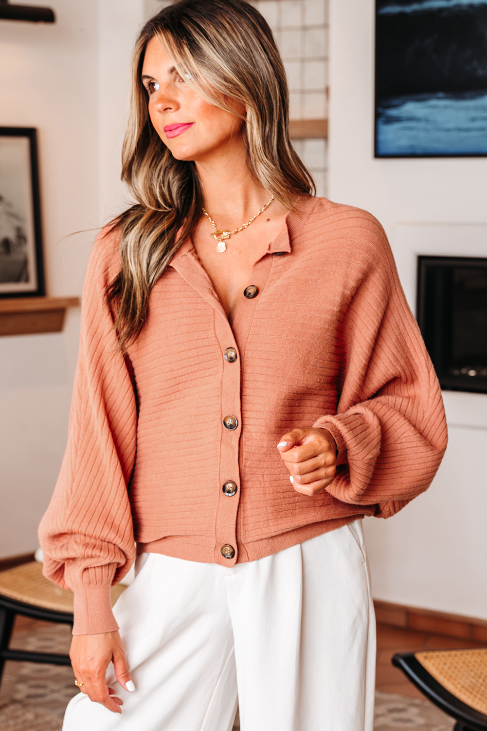Apricot Pink Wide Rib Knit Button Front Dolman Sleeve Sweater Cardigan view 3