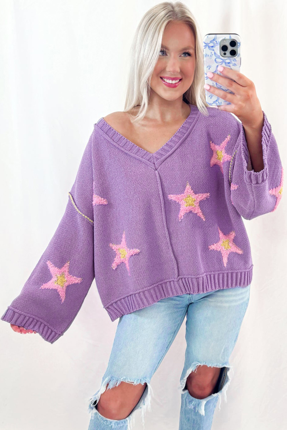 Lavendula Brushed Star Graphic V Neck Drop Shoulder Oversize Sweater view 15