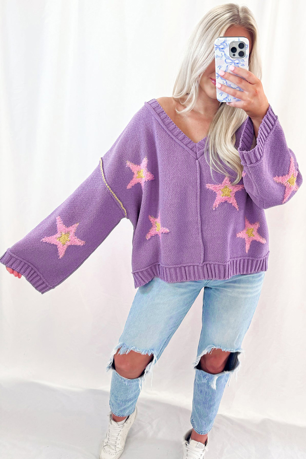 Lavendula Brushed Star Graphic V Neck Drop Shoulder Oversize Sweater view 13