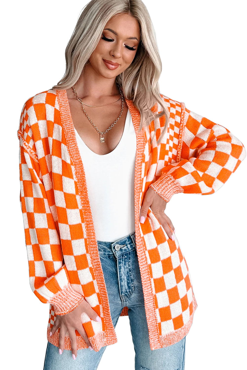Orange Checkered Open Front Drop Shoulder Cardigan view 21