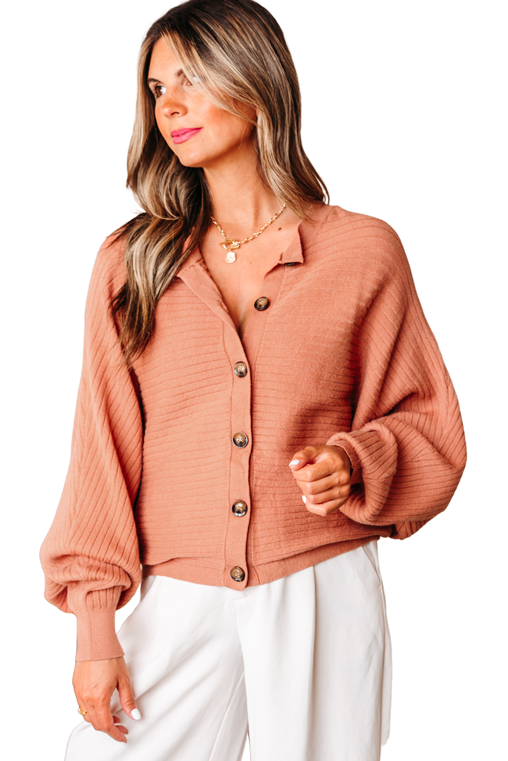 Apricot Pink Wide Rib Knit Button Front Dolman Sleeve Sweater Cardigan view 23
