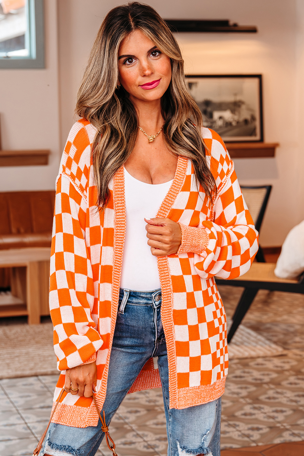 Orange Checkered Open Front Drop Shoulder Cardigan view 4