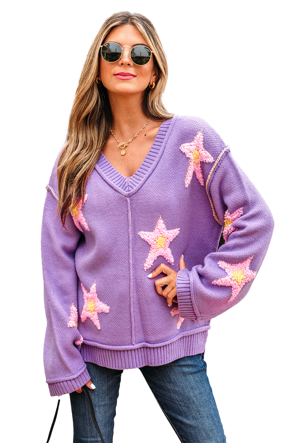 Lavendula Brushed Star Graphic V Neck Drop Shoulder Oversize Sweater view 24