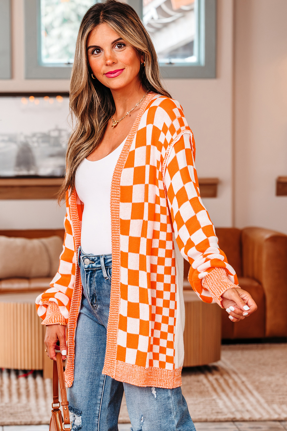 Orange Checkered Open Front Drop Shoulder Cardigan view 3