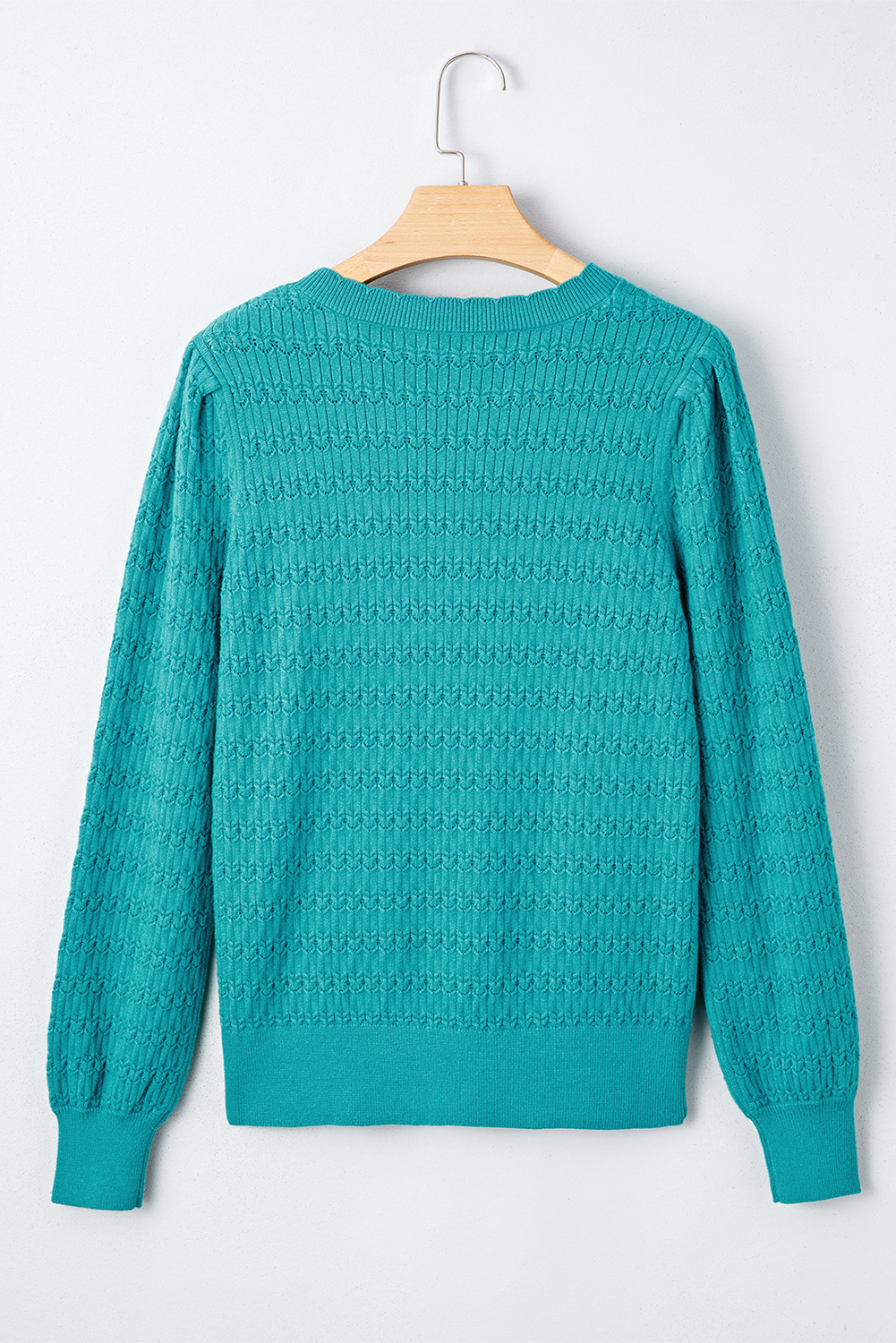Sea Green Trendy Pattern Knit Ribbed Cuffs Crew Neck Sweater view 13
