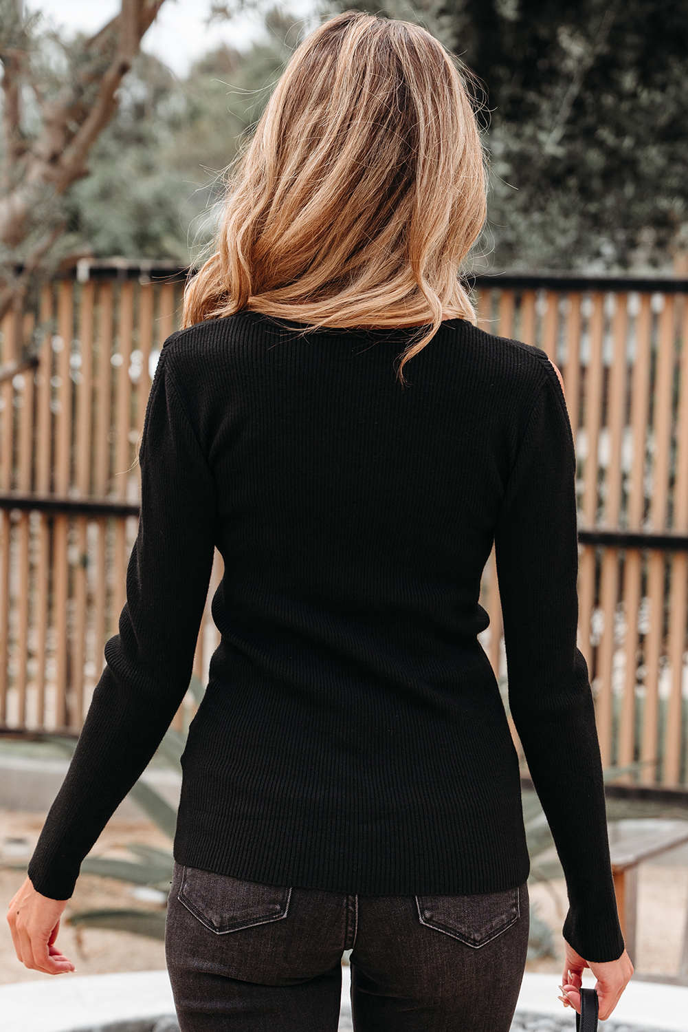 Black Ribbed Knit Cold Shoulder Sweater view 2