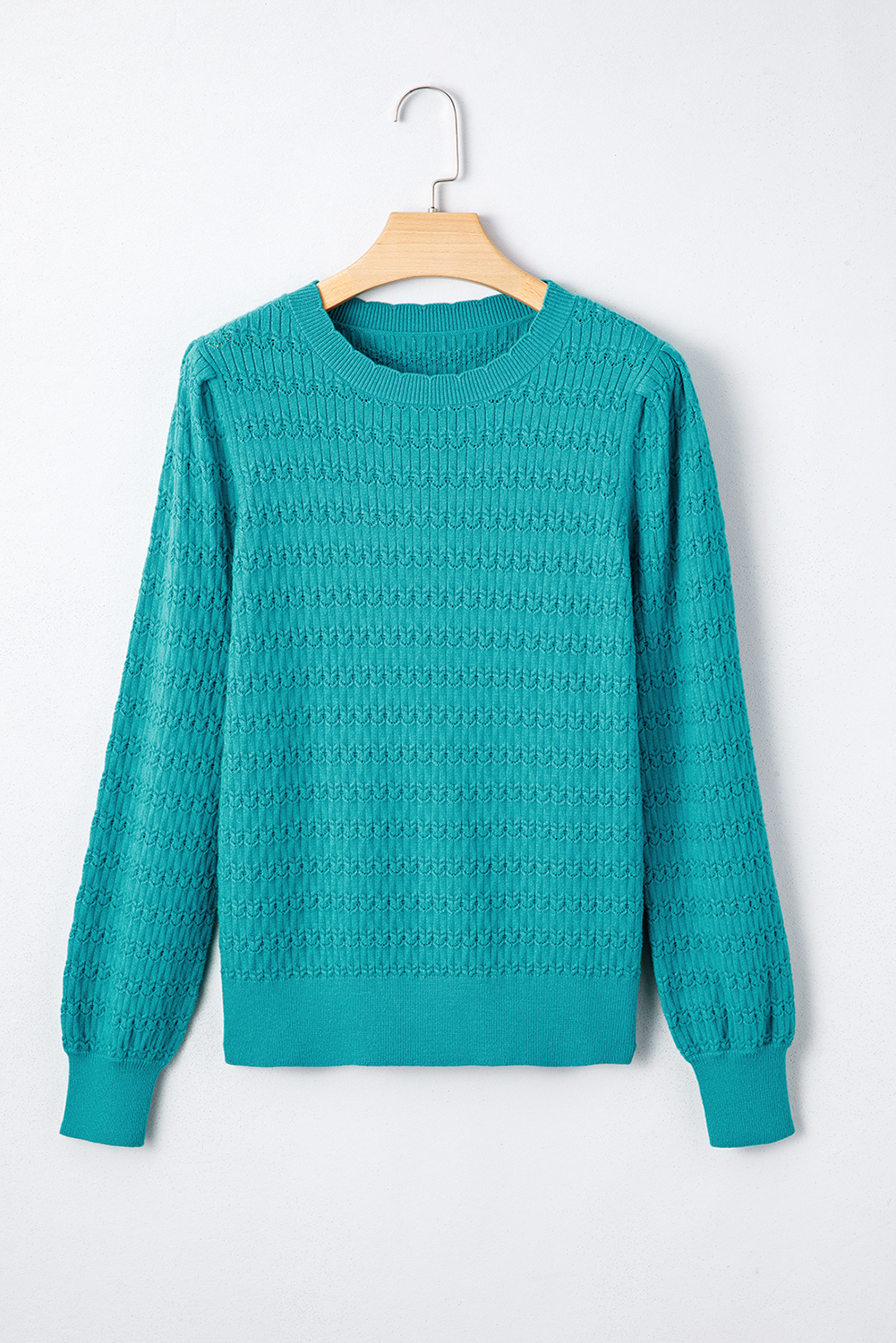 Sea Green Trendy Pattern Knit Ribbed Cuffs Crew Neck Sweater view 12