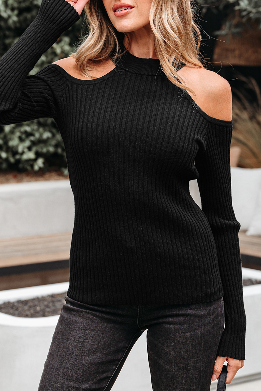 Black Ribbed Knit Cold Shoulder Choker Neck Sweater view 7