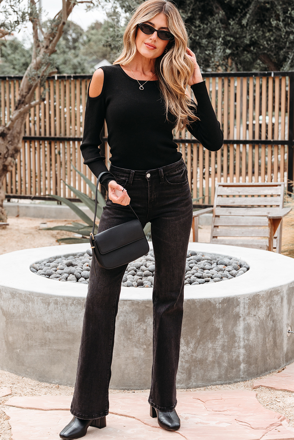 Black Ribbed Knit Cold Shoulder Sweater view 5