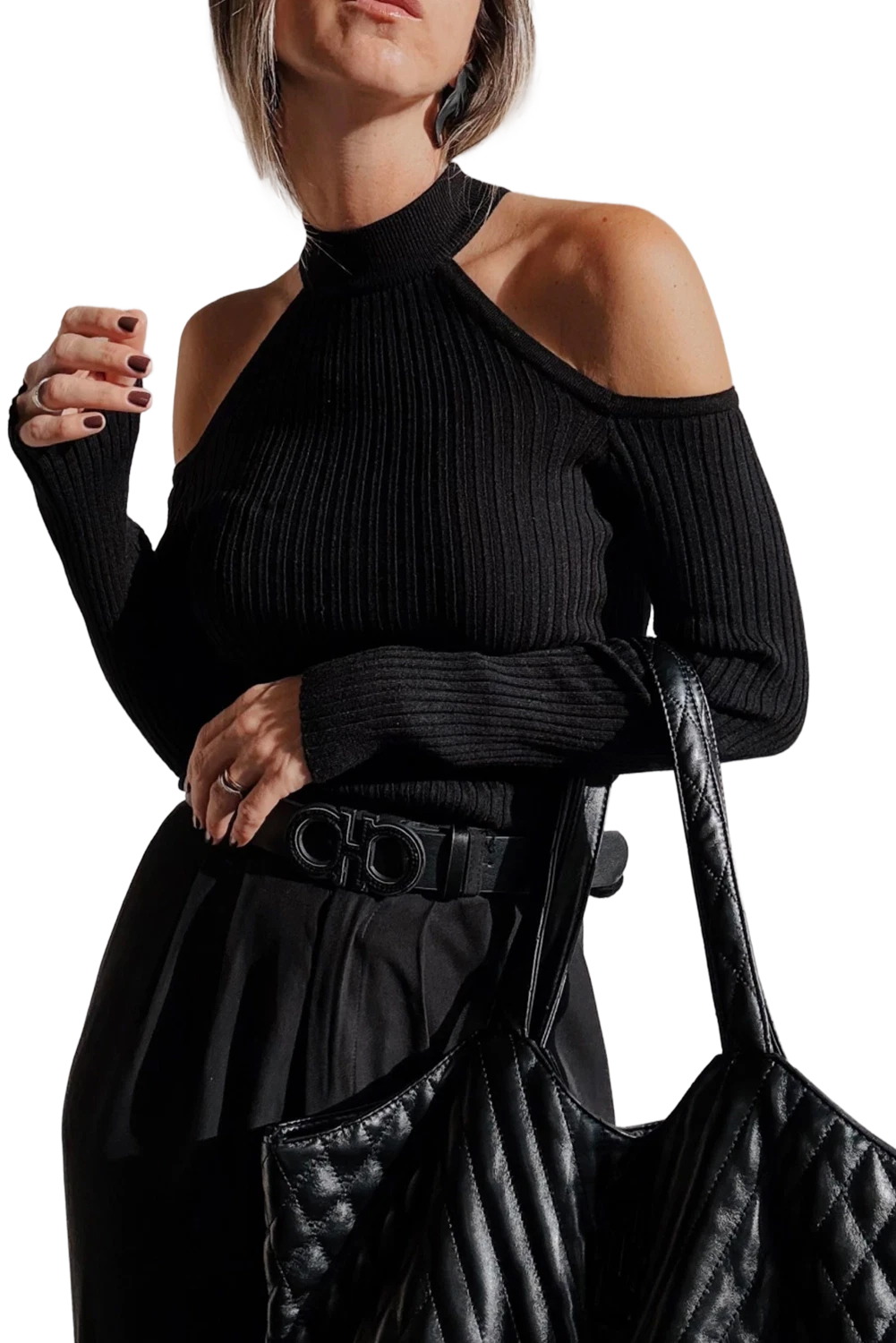 Black Ribbed Knit Cold Shoulder Choker Neck Sweater view 21