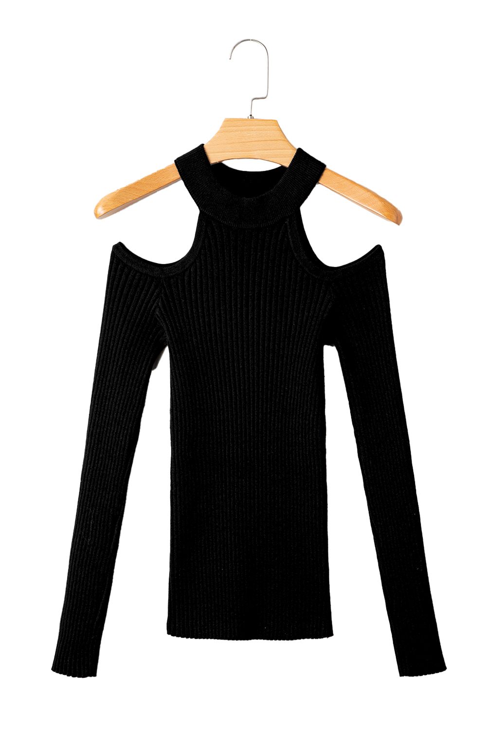 Black Ribbed Knit Cold Shoulder Choker Neck Sweater view 22