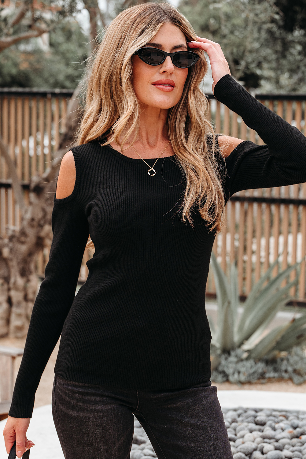 Black Ribbed Knit Cold Shoulder Sweater view 4