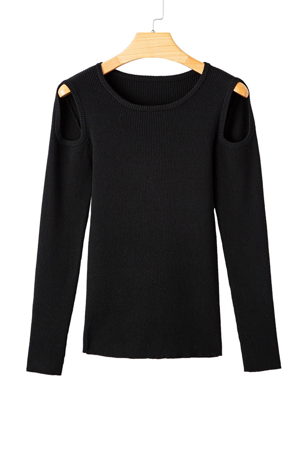 Black Ribbed Knit Cold Shoulder Sweater view 23