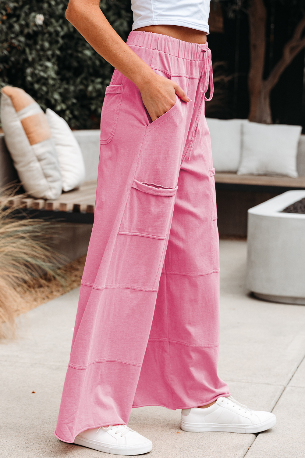 Bonbon Mineral Wash Exposed Seam Drawstring Elastic Waistband Wide Leg Cargo Pants view 3