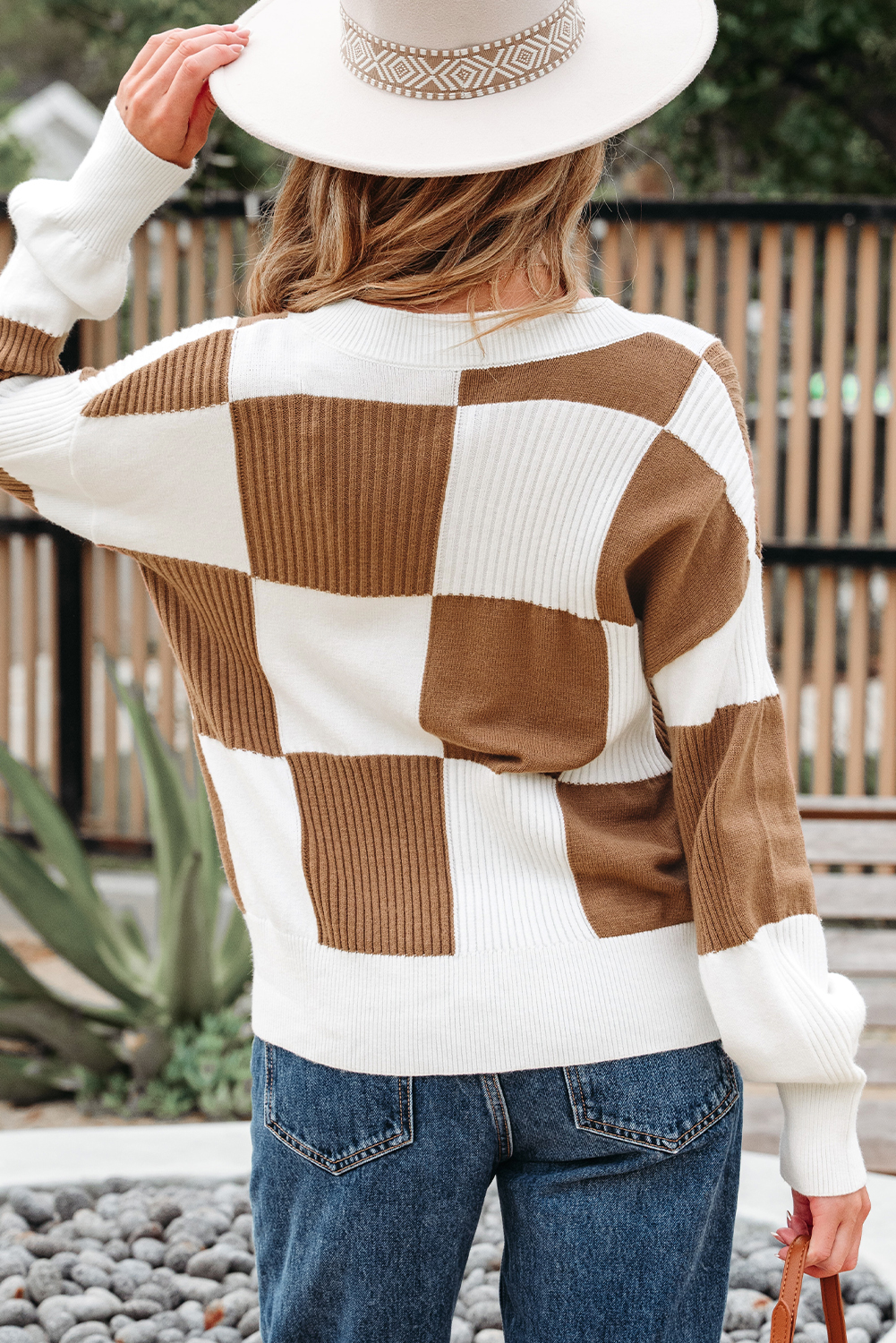 Khaki Checkered Pattern Ribbed Detail Button V Neck Sweater Cardigan view 2
