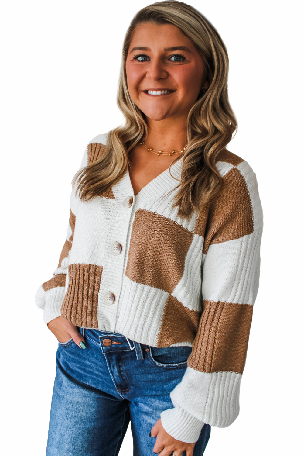 Khaki Checkered Pattern Ribbed Detail Button V Neck Sweater Cardigan view 22