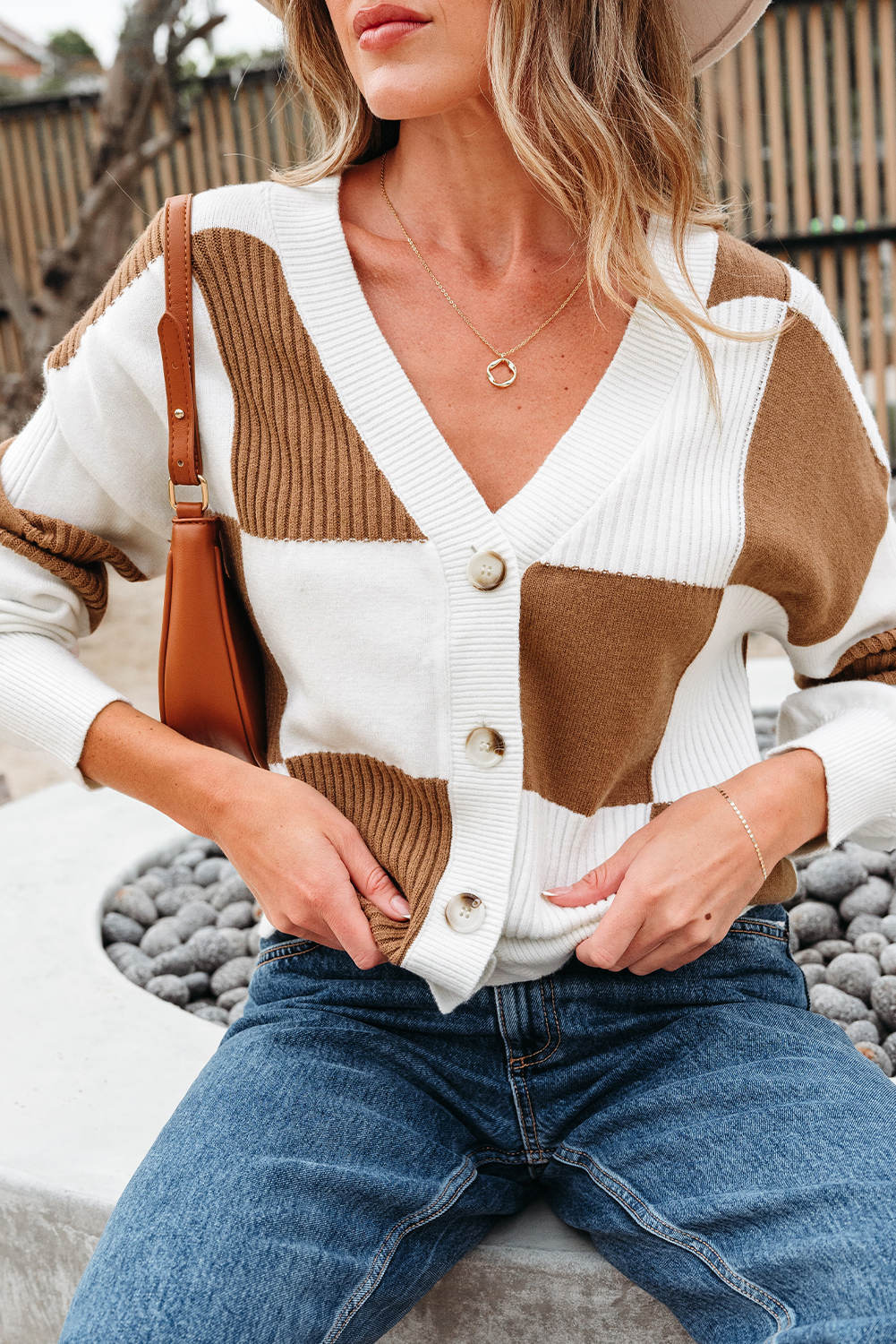 Khaki Checkered Pattern Ribbed Detail Button V Neck Sweater Cardigan view 8