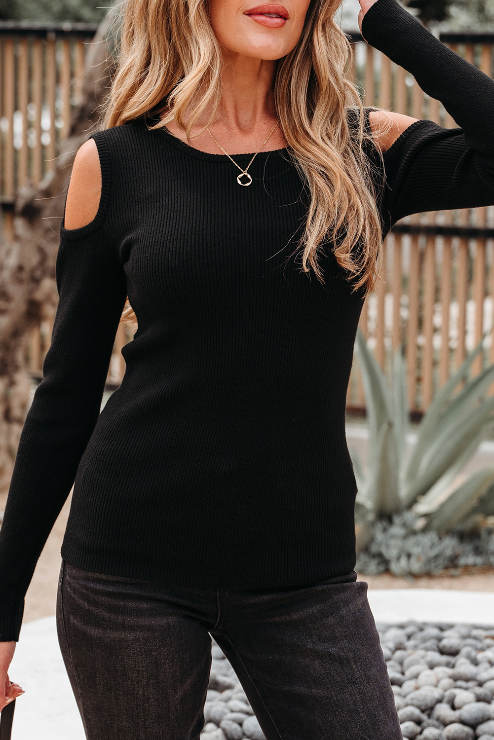 Black Ribbed Knit Cold Shoulder Sweater view 7
