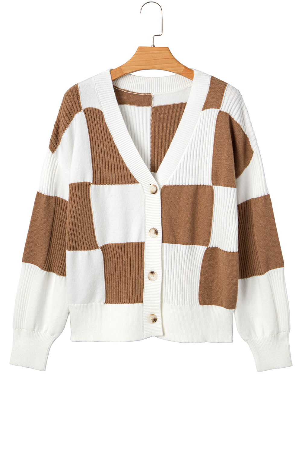 Khaki Checkered Pattern Ribbed Detail Button V Neck Sweater Cardigan view 23
