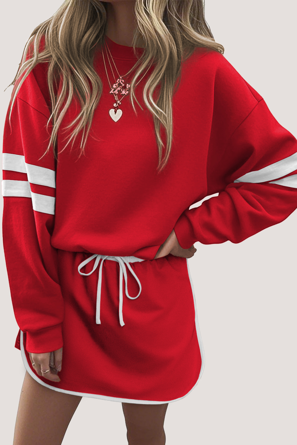 Fiery Red Varsity Stripe Detail Drop Shoulder Pullover Mini Skort Set view 8