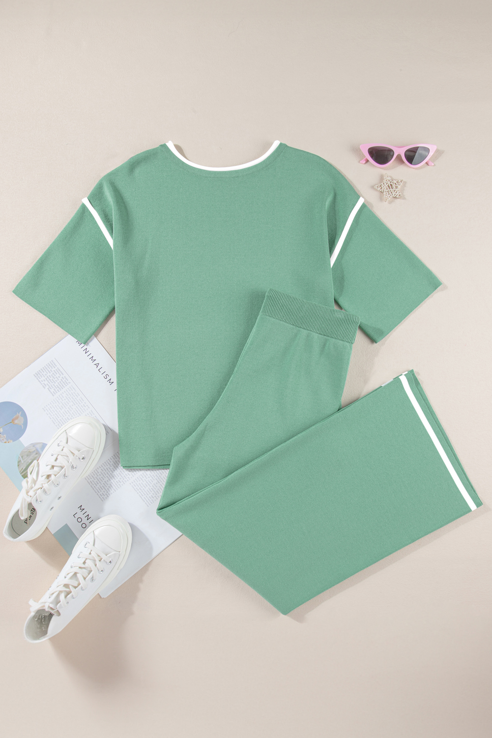 Canton Contrast Trim Half Sleeve Top Drawstring Pants Loose 2pcs Sweater Suit view 27