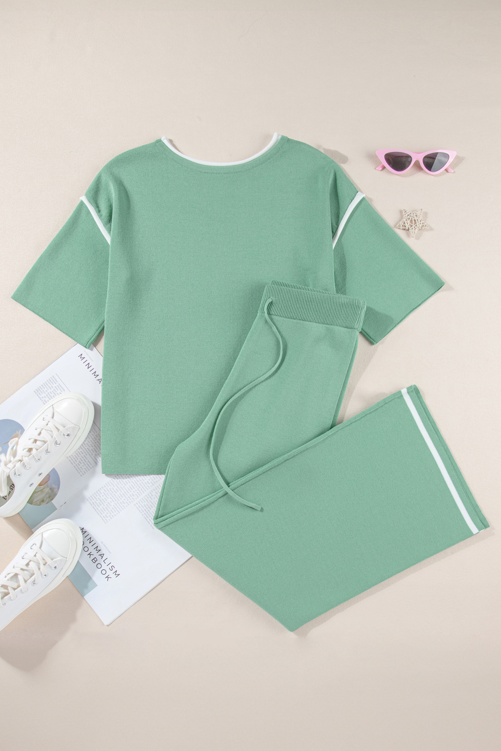 Canton Contrast Trim Half Sleeve Top Drawstring Pants Loose 2pcs Sweater Suit view 26