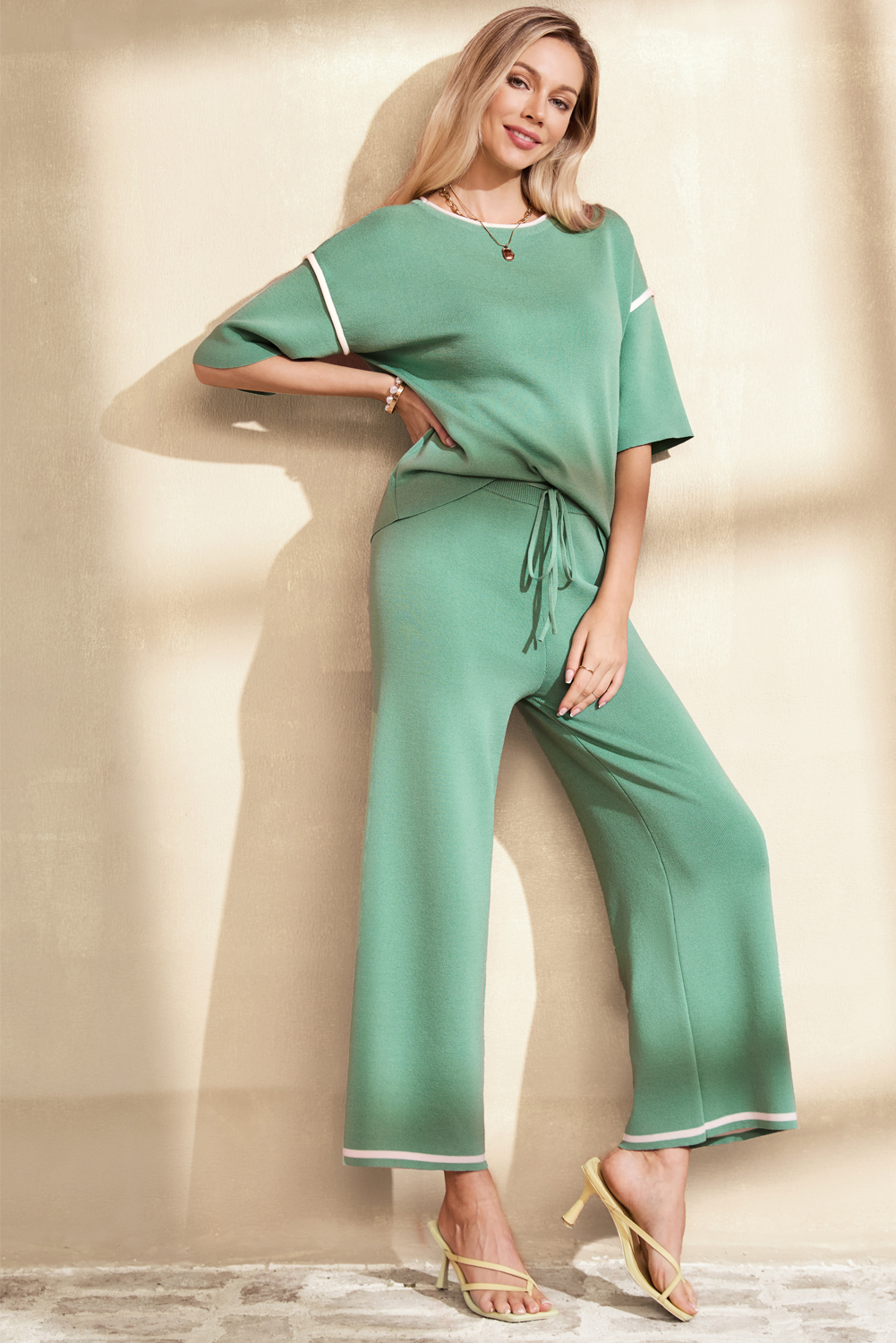 Canton Contrast Trim Half Sleeve Top Drawstring Pants Loose 2pcs Sweater Suit view 4