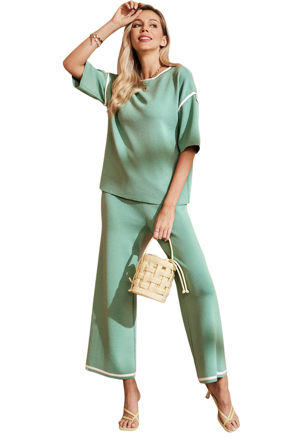 Canton Contrast Trim Half Sleeve Top Drawstring Pants Loose 2pcs Sweater Suit view 31