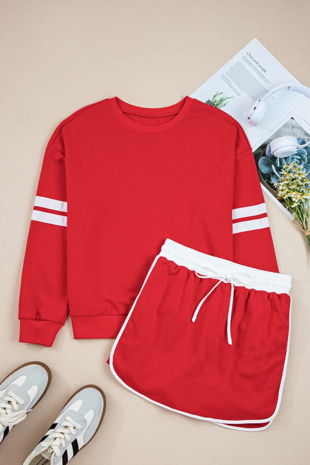 Fiery Red Varsity Stripe Detail Drop Shoulder Pullover Mini Skort Set view 9