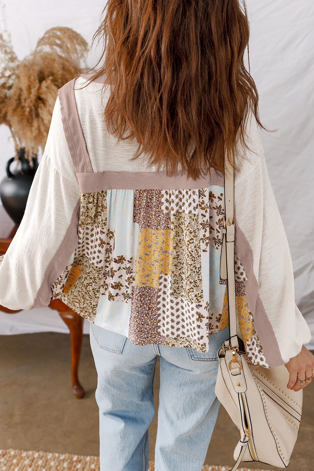 Threaded Pear Isabella Lace Contrast Patchwork Long Sleeve Top