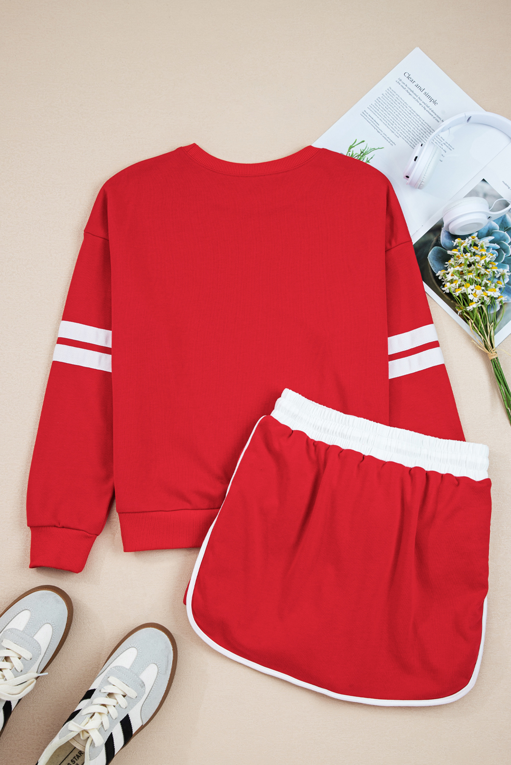 Fiery Red Varsity Stripe Detail Drop Shoulder Pullover Mini Skort Set view 10