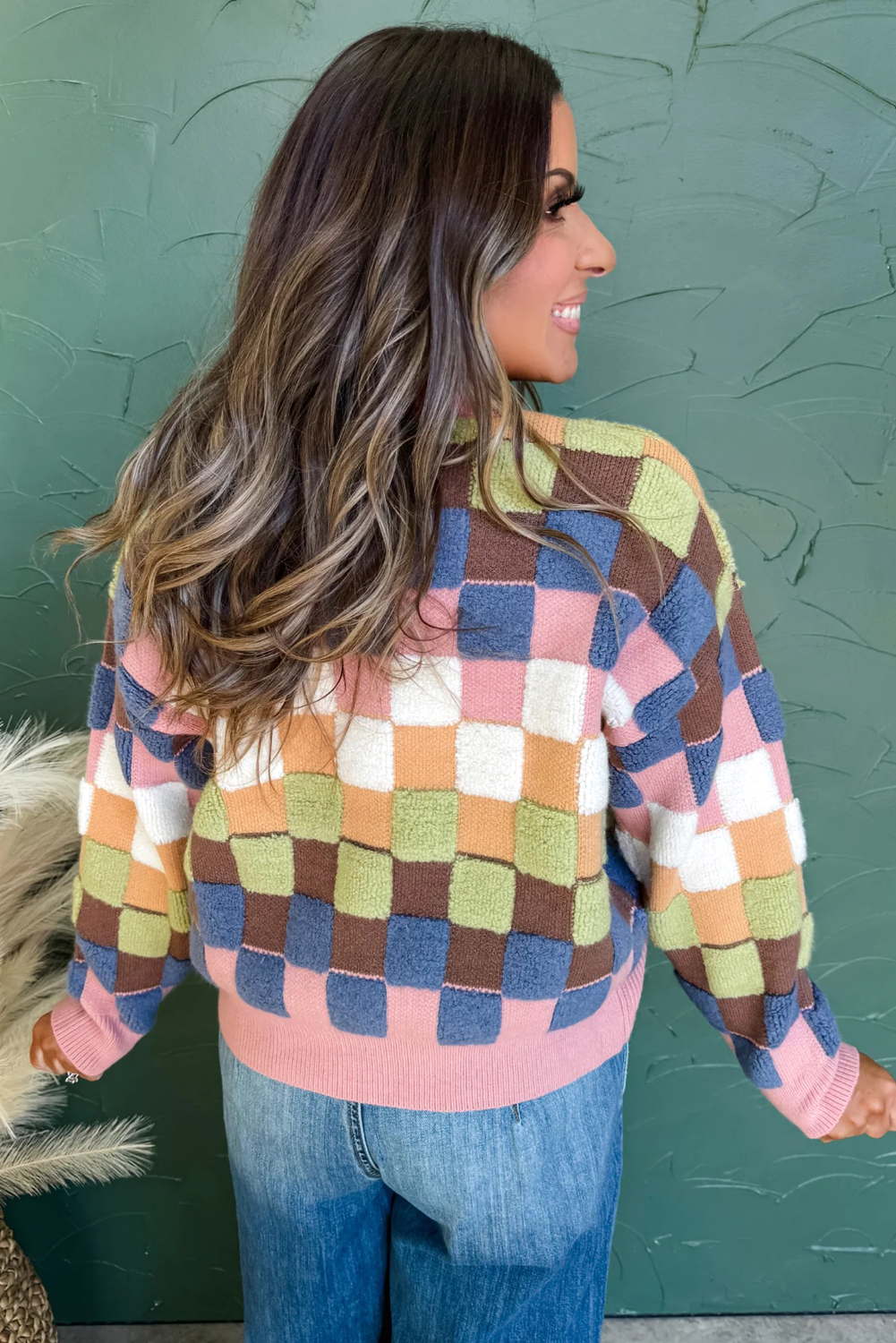 Multicolour Plush Checkered Pattern Button Front Cardigan Sweater view 9