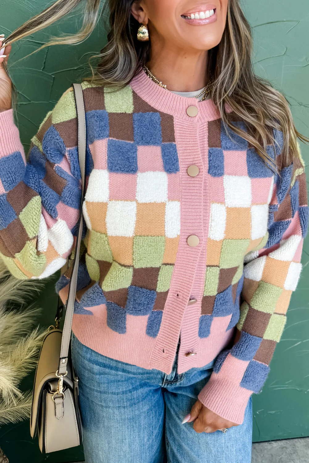 Multicolour Plush Checkered Pattern Button Front Cardigan Sweater view 8
