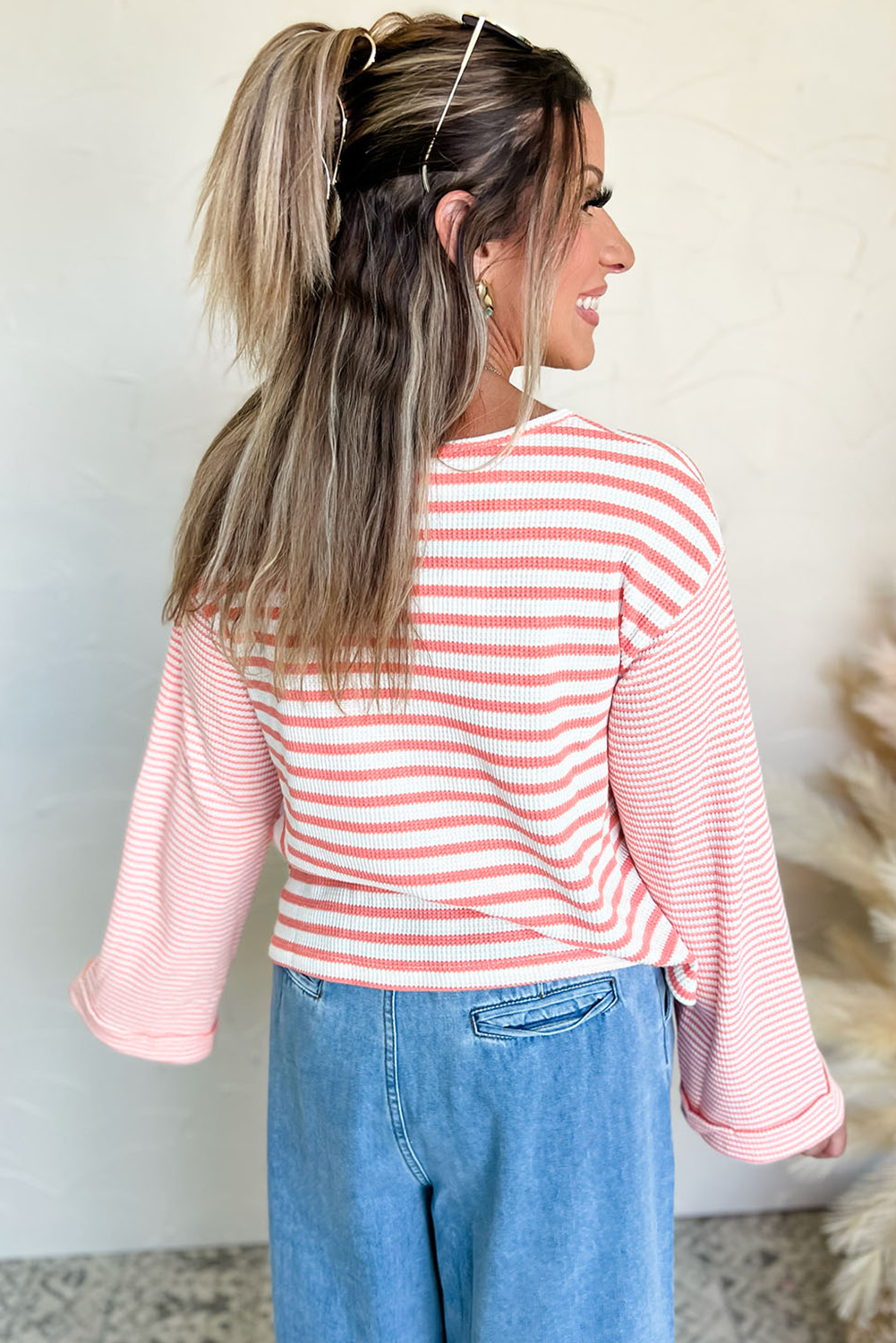 Pink Stripe Textured Contrast Dropped Long Sleeve Top view 10