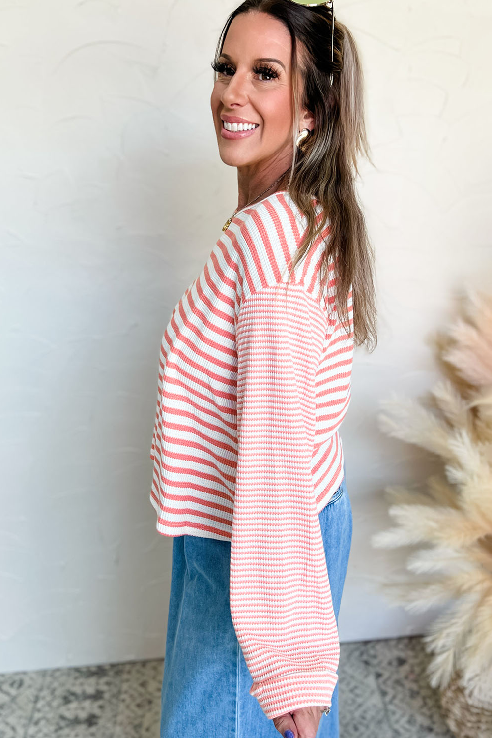 Pink Stripe Textured Contrast Dropped Long Sleeve Top view 11