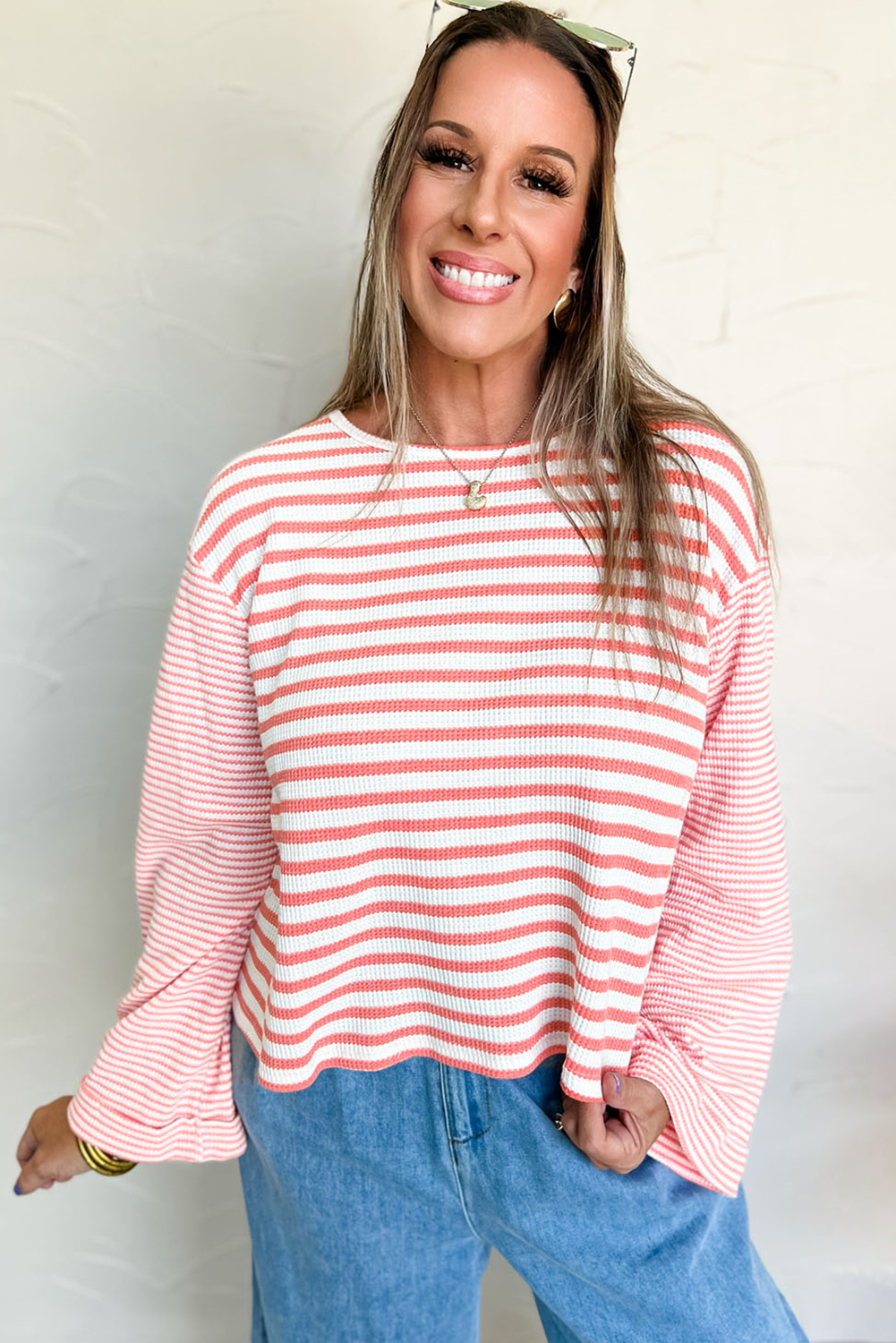 Pink Stripe Textured Contrast Dropped Long Sleeve Top view 12