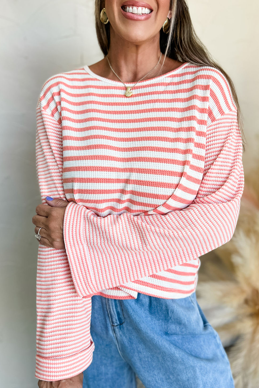 Pink Stripe Textured Contrast Dropped Long Sleeve Top view 9