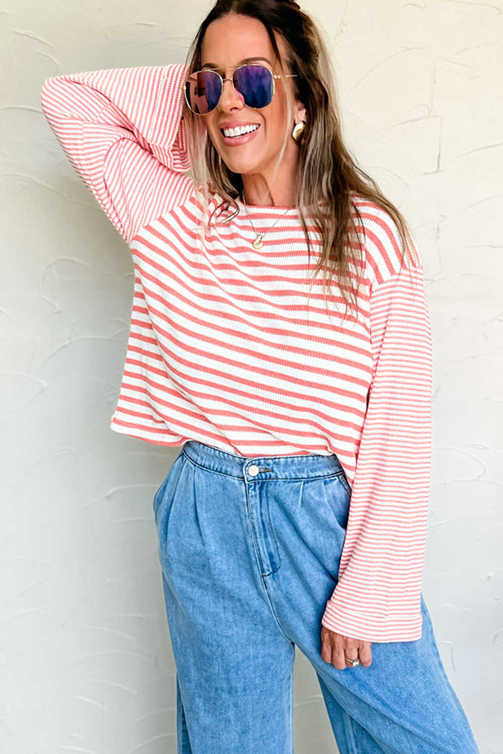 Pink Stripe Textured Contrast Dropped Long Sleeve Top view 13