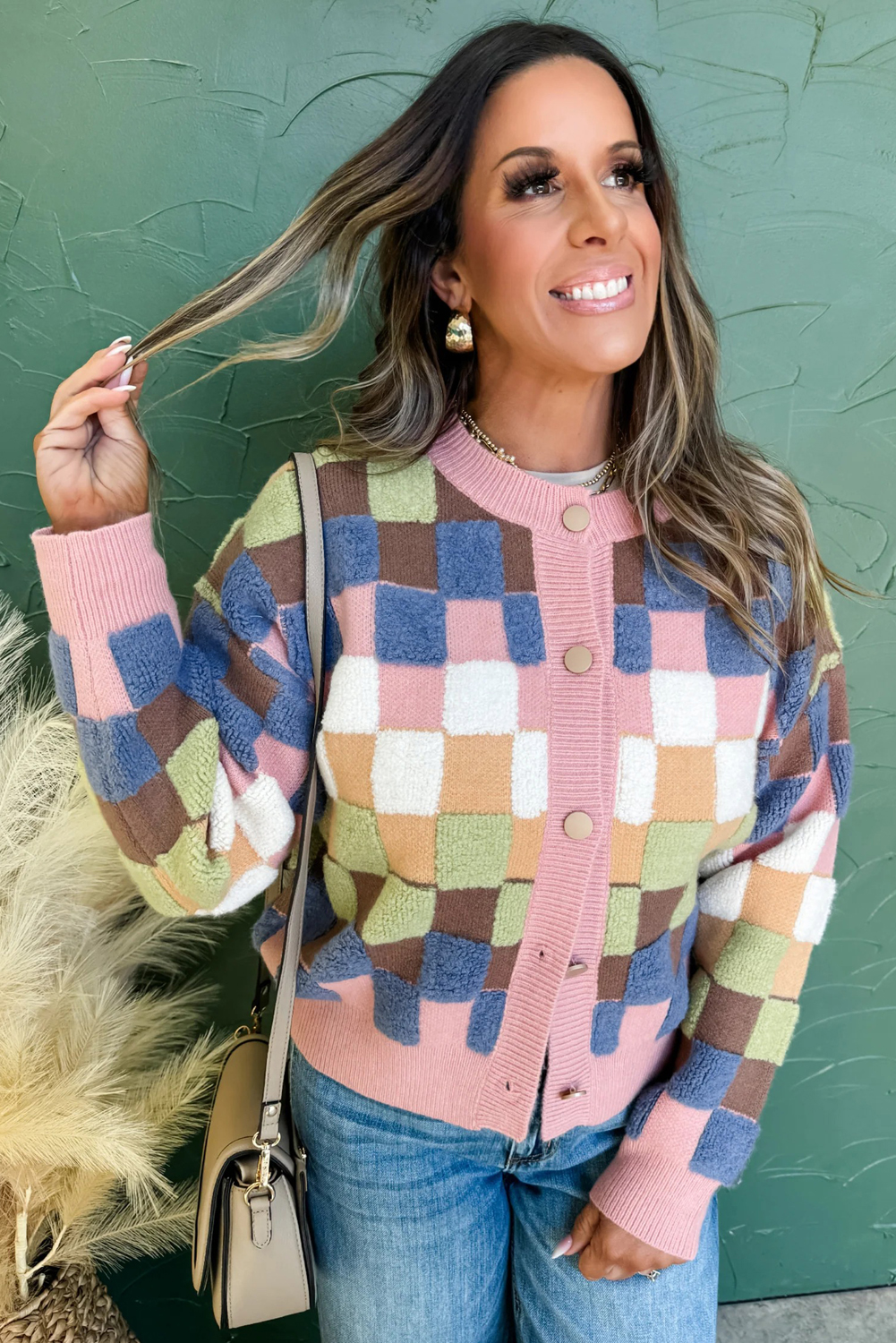 Multicolour Plush Checkered Pattern Button Front Cardigan Sweater view 12