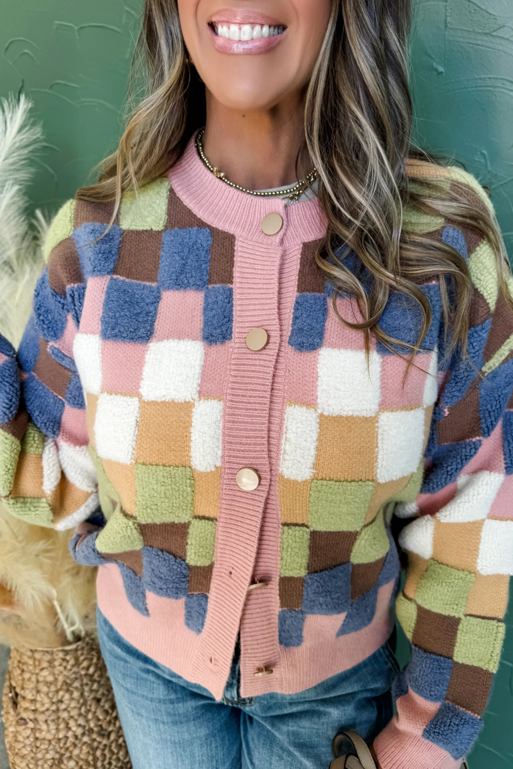 Multicolour Plush Checkered Pattern Button Front Cardigan Sweater view 13
