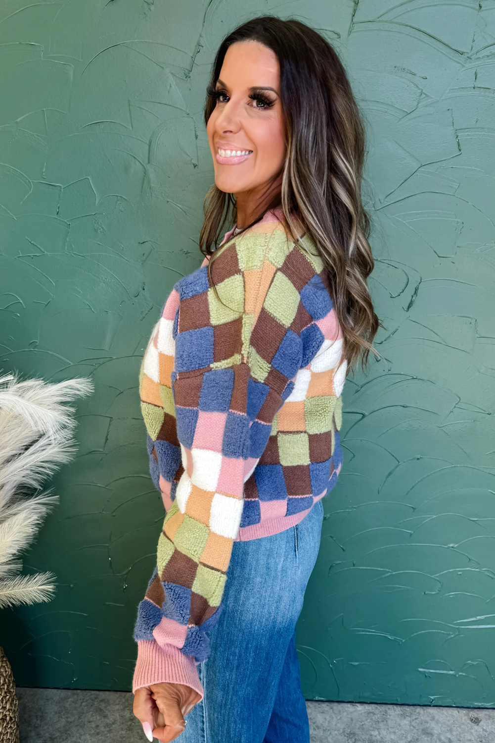 Multicolour Plush Checkered Pattern Button Front Cardigan Sweater view 10