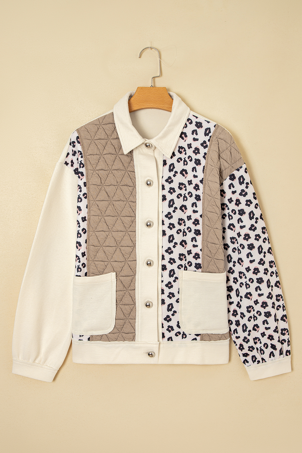 Khaki Leopard Waffle Quilted Patchwork Button Front Jacket view 12