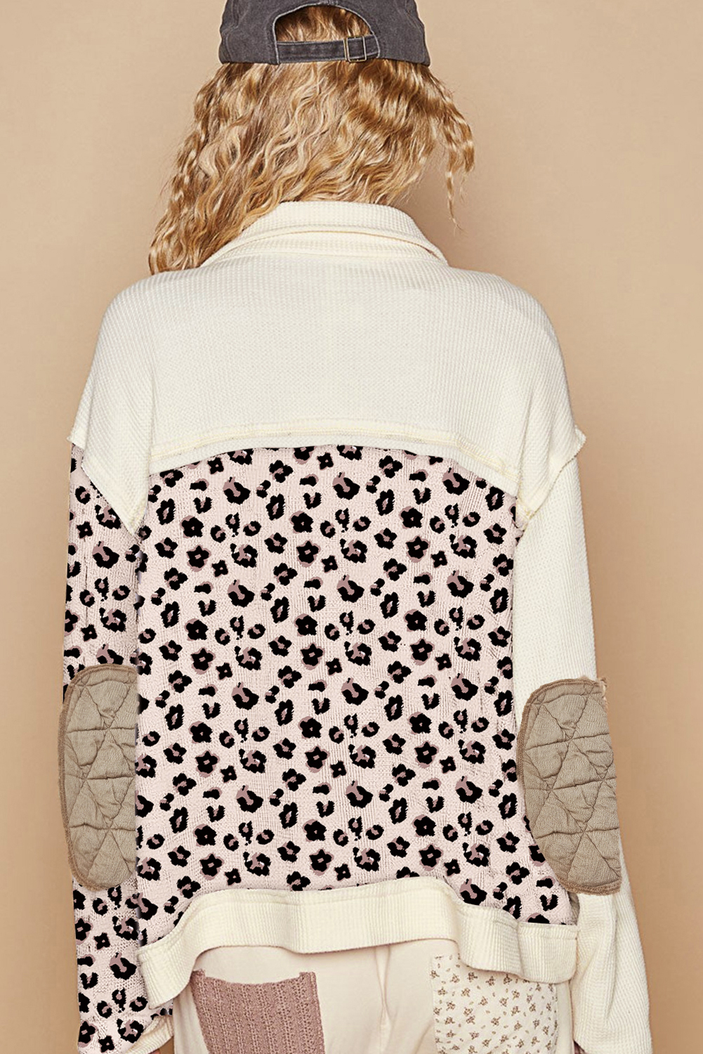 Khaki Leopard Waffle Quilted Patchwork Button Front Jacket view 10