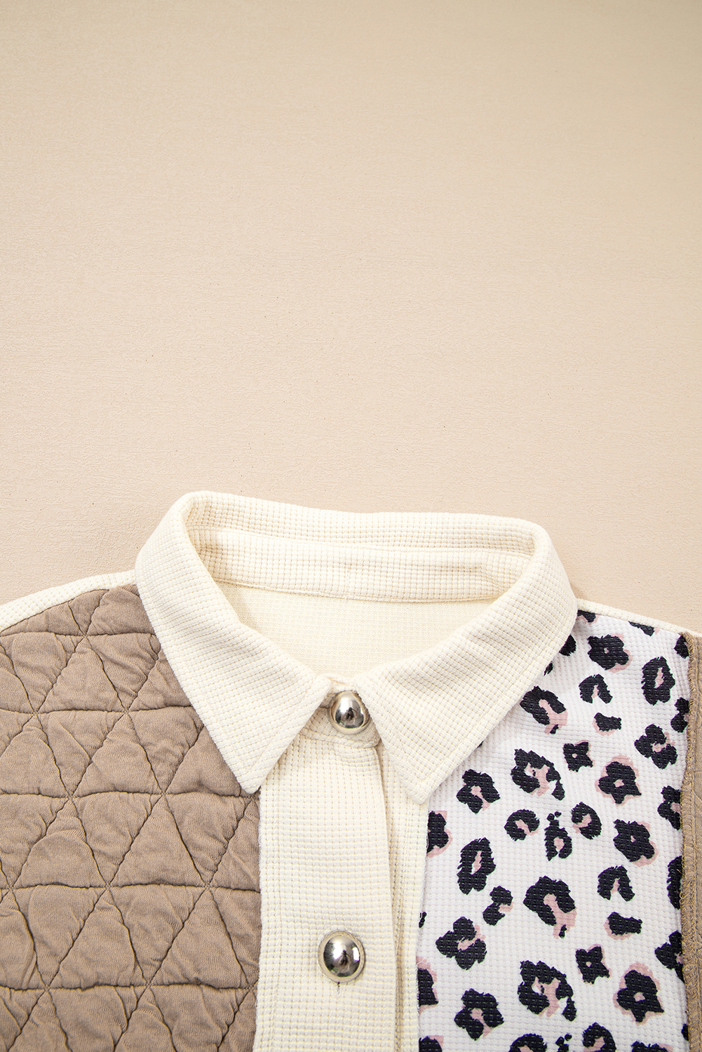 Khaki Leopard Waffle Quilted Patchwork Button Front Jacket view 14