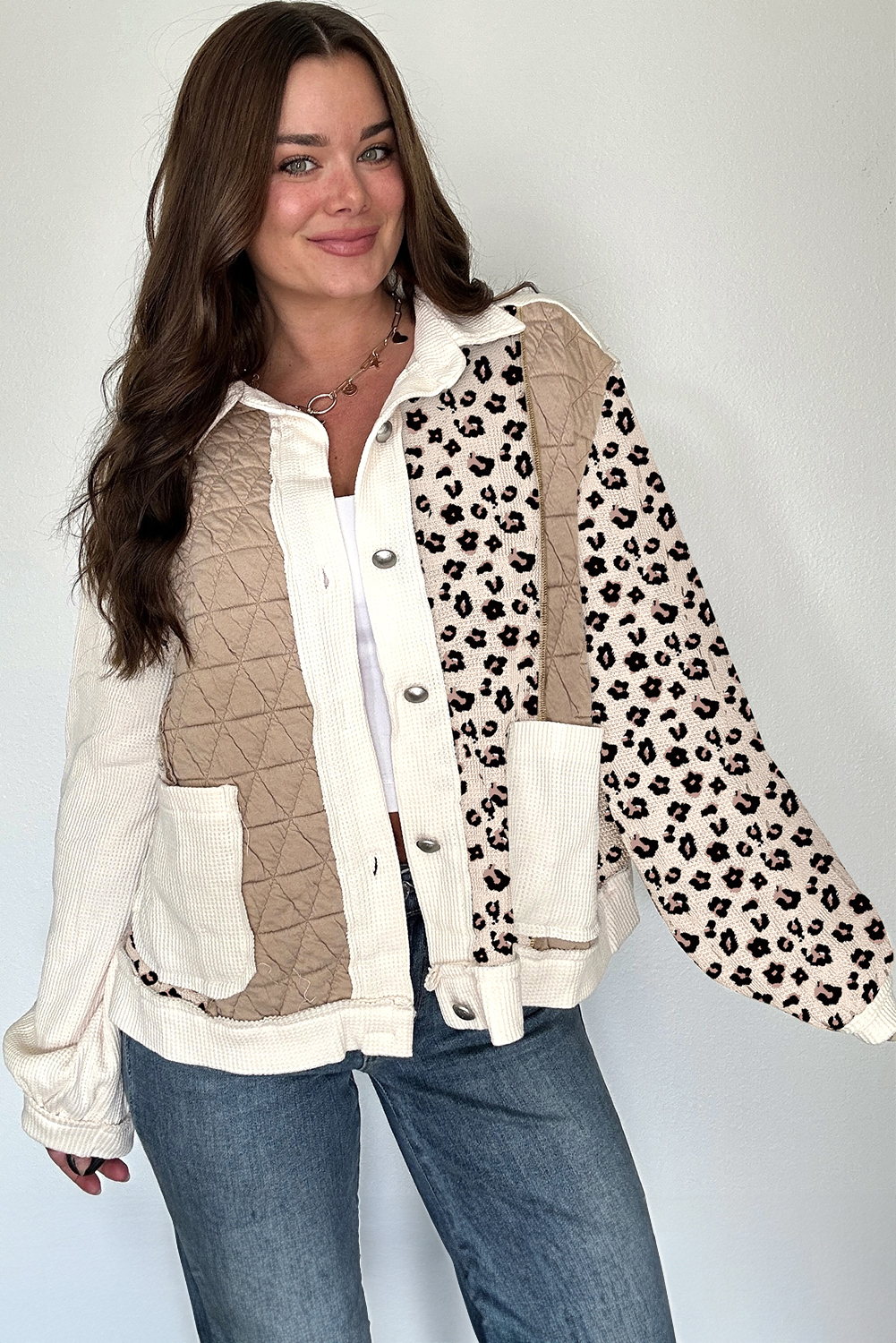 Khaki Leopard Waffle Quilted Patchwork Button Front Jacket view 11
