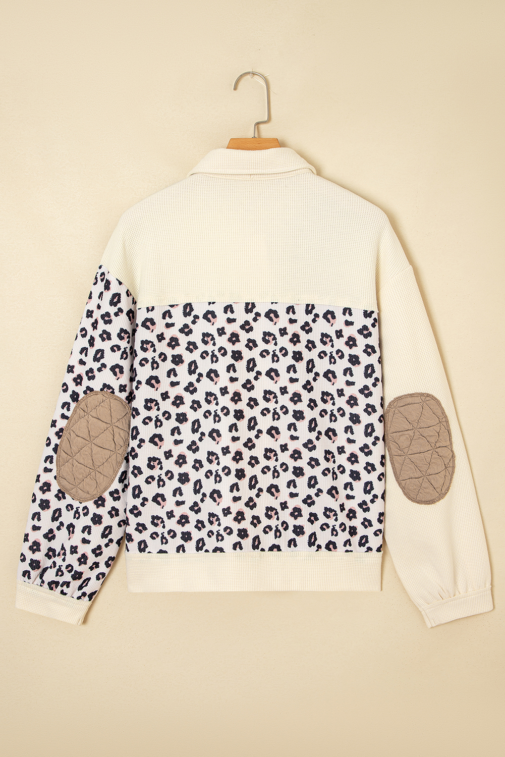 Khaki Leopard Waffle Quilted Patchwork Button Front Jacket view 13